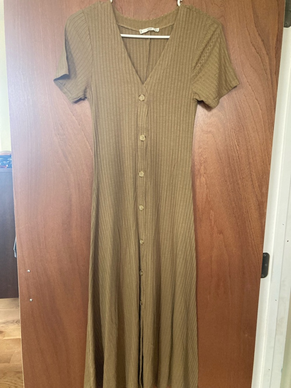 Mango Ribbed Button-Front Maxi Dress in Olive